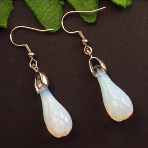 1 Pair Opal Opalite Bud 2" Silver Tone Earrings Natural Gemstone Handmade NEW